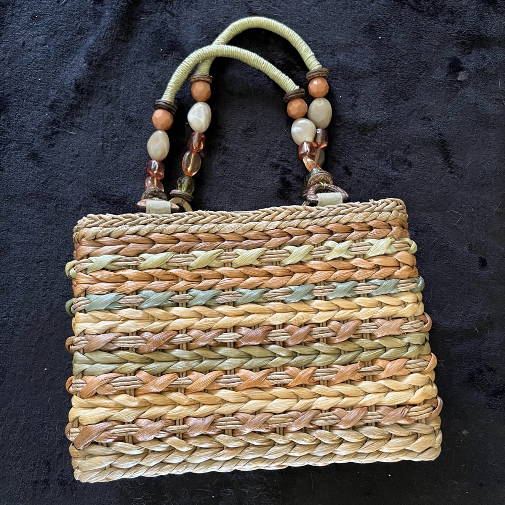 Vintage Cappelli Straworld Multicolor Woven Straw Bag with Beaded Handles